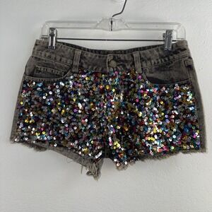 2 Hot & Delicious Sequin Denim Shorts Women Size S Acid Wash Festival Sparkle